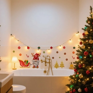 Detailed Christmas gnome wall stickers on white bathroom tiles with festive sleigh and tree