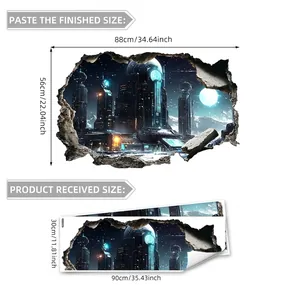 3D hole-in-the-wall sticker with sci-fi city view for creative home wall decoration