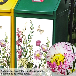 Detail of floral butterfly stickers on trash bins showing vivid colors and no white edges