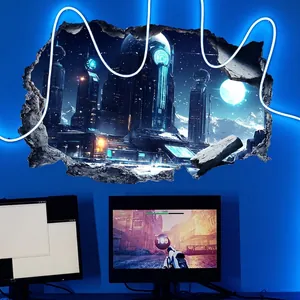 3D cracked wall decal showing futuristic sci-fi city and space planet for room decor