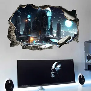 3D futuristic sci-fi city wall decal with broken wall effect for living room or bedroom decor