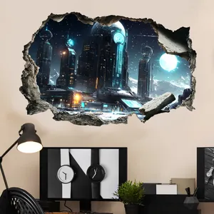 Detail view of 3D sci-fi futuristic city wall sticker with a creative broken wall effect
