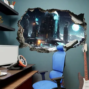 3D futuristic sci-fi city wall sticker with broken wall effect for gaming room decor