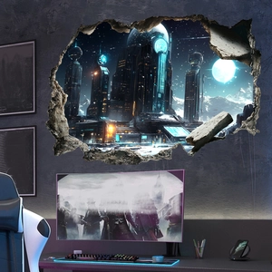 3D Broken Wall Stickers PVC Future Science Fiction City Cyberpunk Wall Decals For Living Room Gaming Room Bedroom Office Decoration
