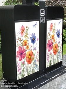 Colorful floral stickers on outdoor garbage bins featuring realistic wildflower designs