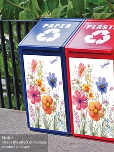 Outdoor view showing watercolor flower stickers and dragonfly decals on trash bins