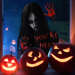 Halloween window sticker with spooky ghost lady, blood handprints and glowing pumpkins
