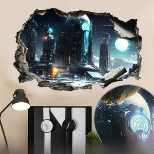 3D sci-fi futuristic city wall sticker with glowing buildings and moon on blue night view