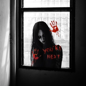 Ghost window sticker with bloody handprints and You Are Next text for Halloween decor