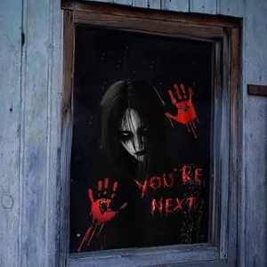 Scary Halloween ghost girl window sticker with red blood handprints and spooky text