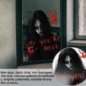 Detail of Halloween window cling with scary girl, blood handprints and You're Next text