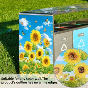 Detail of sunflower and butterfly stickers on bin without white edges on any background