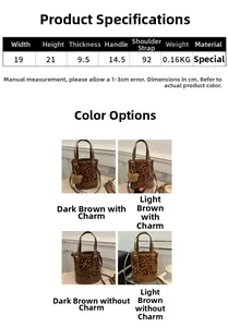 Detailed size specifications for leopard print bucket bag with dual brown color options