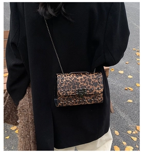 Close-up of leopard print crossbody bag with metallic studs and chain strap outdoors
