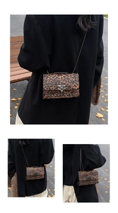 Detail of leopard print bag featuring vintage rivets and metallic chain strap