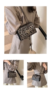 Detail view of leopard print crossbody bag with metal chain strap and studded closure