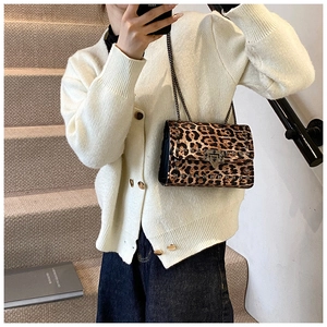 Close-up of leopard print shoulder bag with metallic stud details and chain strap
