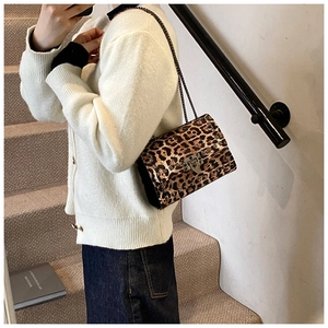Close-up of leopard print shoulder bag with metallic stud details and chain strap