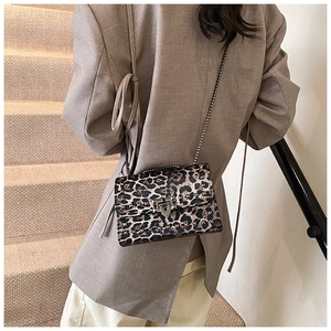 Detail of leopard print crossbody bag with metallic studs and chain strap on model