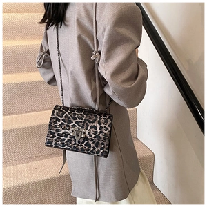 Detail of leopard print crossbody bag with silver square studs and metal chain strap