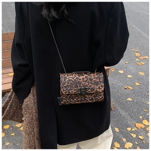 Detail of leopard print crossbody bag with black rivets and metal chain on a model