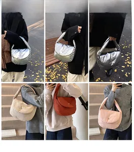 Quilted puffer tote bags in silver, beige, and pink shown in various outdoor settings