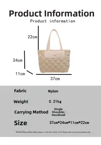 Detailed technical diagram of a quilted nylon tote bag with size dimensions and features