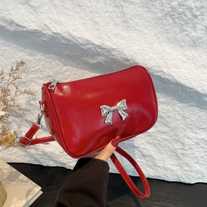 Sac à Épaule Femme avec Nœud en Cuir PU Brillant Mode Style Coréen Sac Bandoulière Fourre-Tout sous le Bras Couleur Unie