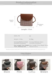 Detailed view of houndstooth crossbody bag dimensions and color options in multi-angle grid