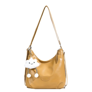Bright yellow PU leather half-moon hobo bag with adjustable strap and plush cloud charm