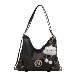 Chic black PU leather tote bag with gold M logo and white cloud plush charm detail
