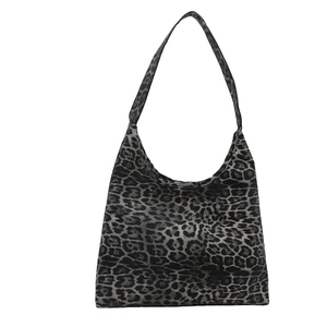Large leopard print tote bag with stylish grey and black patterns on white background