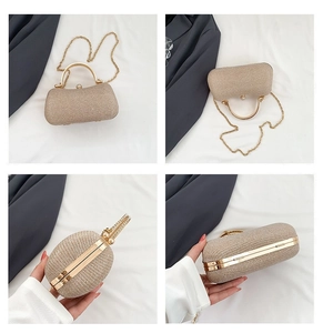 Detail view showing champagne gold sequined evening clutch with metal handle and chain