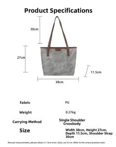 Size chart showing large capacity tote bag dimensions 38x27x11.5cm with PU fabric info