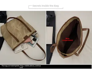 Detail view of khaki canvas tote bag interior showing large capacity for essentials