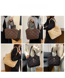 Quilted tote bags for women in black and beige with gold deer charms and large capacity