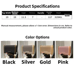 Guide des tailles détaillé pour sac à bandoulière avec dimensions et quatre couleurs