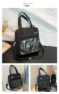 Détail du sac cabas en nylon noir avec une fenêtre en PVC transparent pour badges