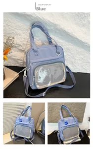 Vue détaillée du sac en nylon bleu avec son compartiment transparent et sa bandoulière réglable