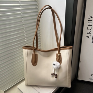 Women Large Capacity Tote Bag PU Leather Minimalist Contrast Stitching Shoulder Handbag For Commuting Daily Fashion