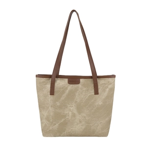 Large marble pattern canvas tote bag with brown faux leather trim and fashion label