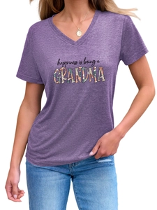 Detail of V-neck short sleeve T-shirt with Happiness is being a Grandma floral print