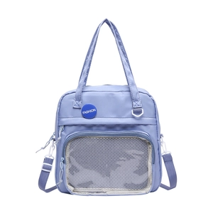 Bolso de hombro lila transparente con bolsillo de malla blanca y parche de moda