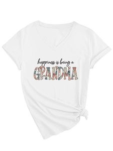 Detail of white V-neck T-shirt with floral Grandma print and side-knot design
