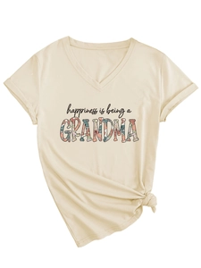 Detail of V-neck beige T-shirt with floral grandma lettering and side knot design