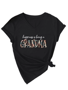 Detail of V-neck cotton T-shirt featuring happiness is being a GRANDMA floral print