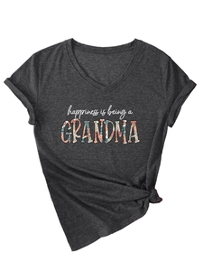 Detail of V-neck grey grandma T-shirt with floral letter print and knotted side hem