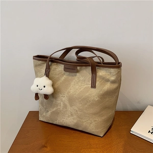 Grand sac cabas en toile à motif marbré avec poignées en cuir marron pour l'hiver