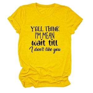 Detail of soft cotton crewneck T-shirt in yellow with bold black typography print