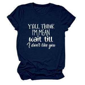 Close-up of white letter print on dark navy cotton round neck short sleeve T-shirt
